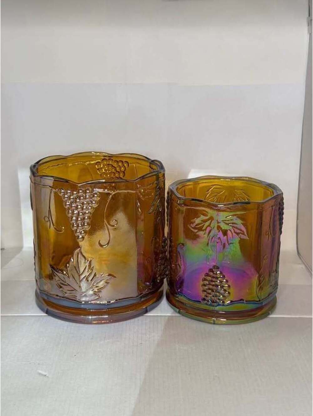 Vintage Amber Carnival Glass Grape and Cable Tumblers - Set of 2